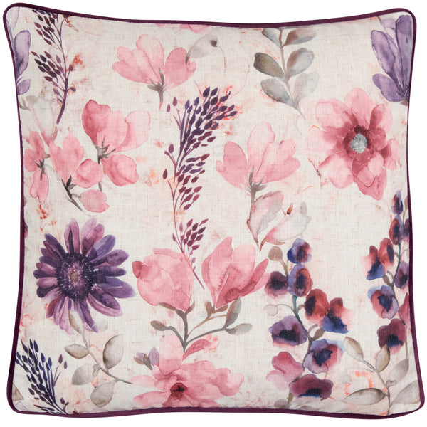Faux Linen Pink Floral Cushion