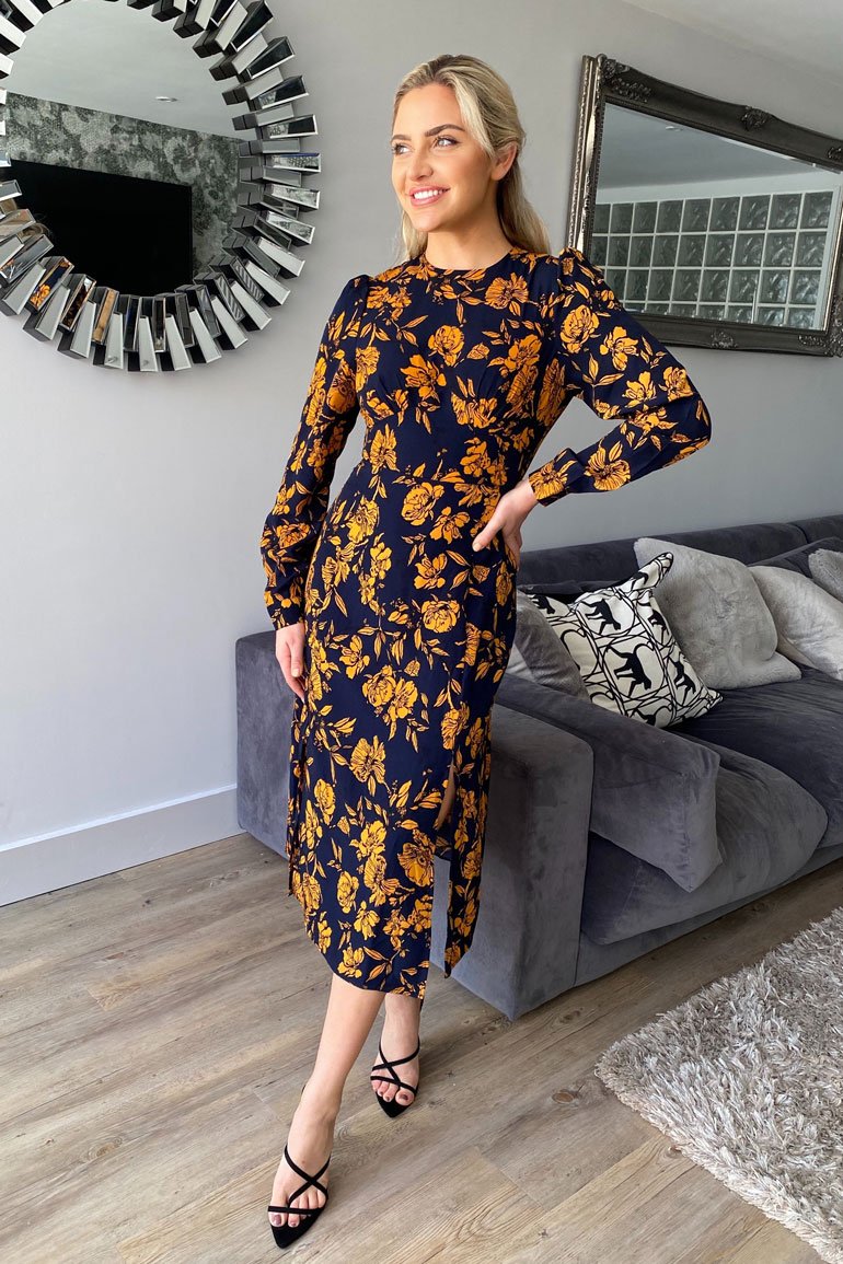 Cass Navy Floral Split Leg Midi Dress