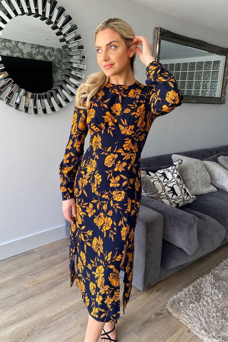 Cass Navy Floral Split Leg Midi Dress