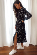 Cass Split Leg Midi Dress - Black Polka Dot