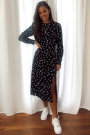 Cass Split Leg Midi Dress - Black Polka Dot