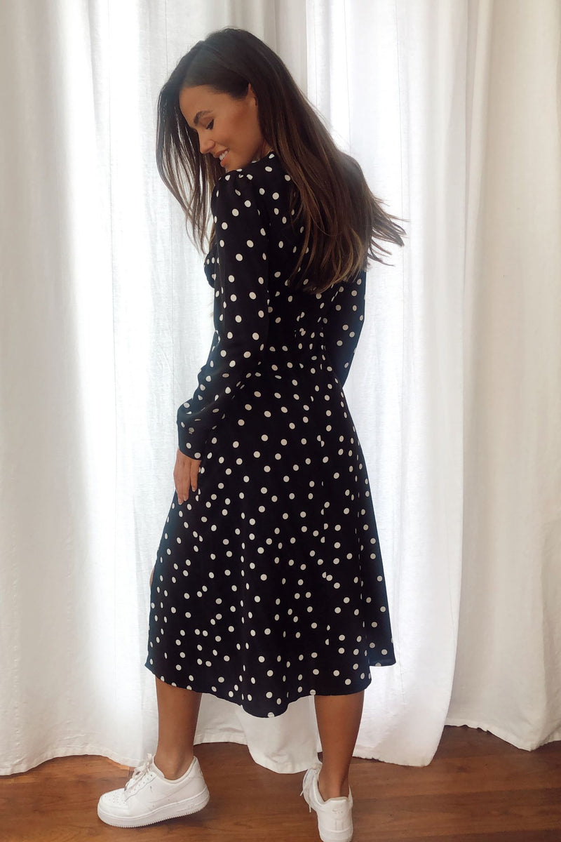 Cass Split Leg Midi Dress - Black Polka Dot