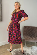 Adelyn Frill Sleeve Midi Dress - Purple Floral
