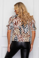 Kasia Puff Sleeve Top - Brown/green Animal