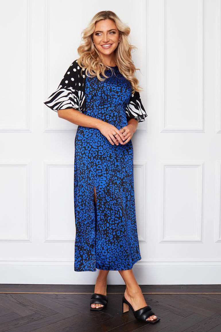 Murphy Split Sleeve Midi Dress - Blue Animal