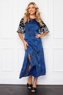 Murphy Split Sleeve Midi Dress - Blue Animal