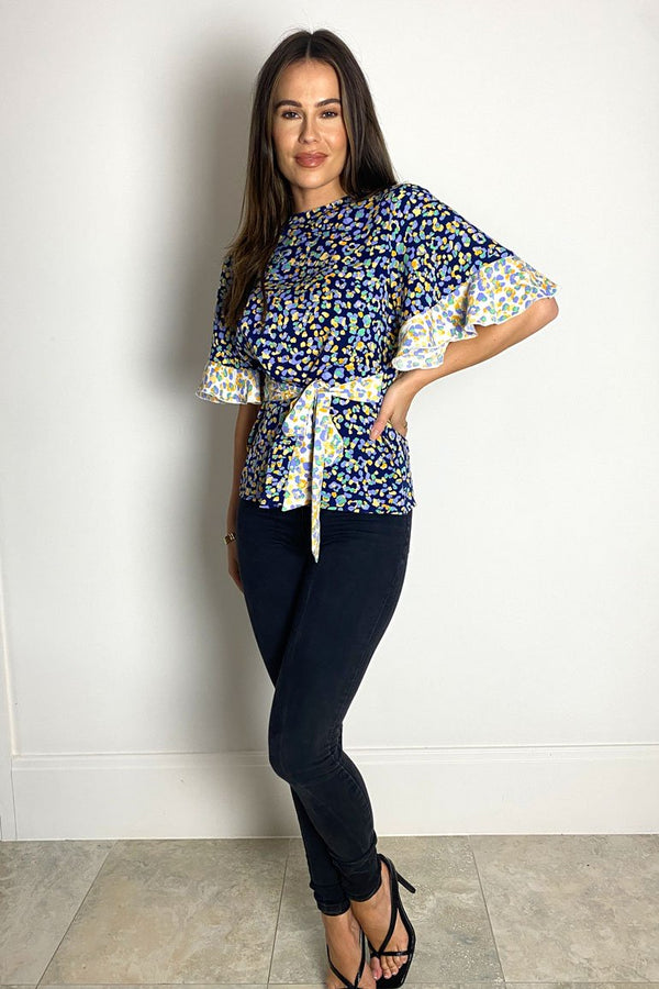 Naya Split Sleeve Tie Waist - Navy/animal Print