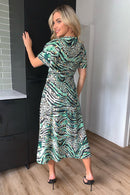 Britney Angel Midi Dress - Green Animal Print Gold Foil