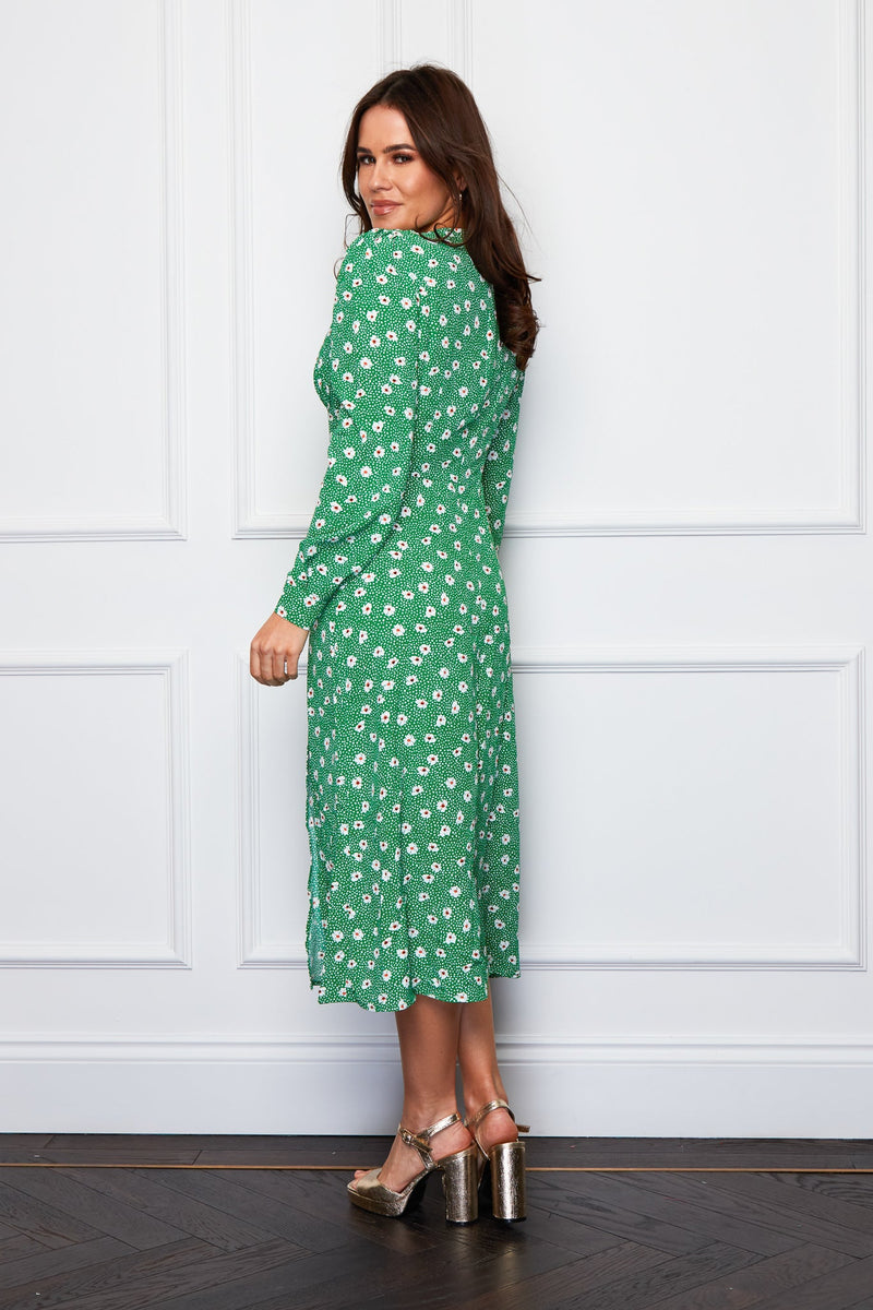 Cass Split Leg Midi Dress - Green Ditsy Floral