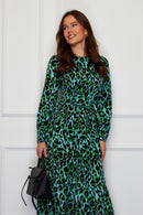 Angelina Tie Waist Smock Maxi Dress - Blue/green