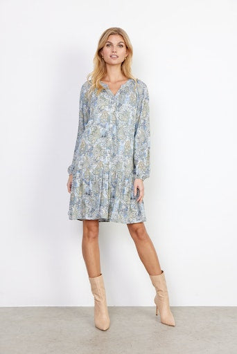 Jana 2 V Neck Print Dress - Bright Blue