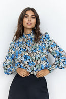 High Neck Floral Blouse - Bright Blue