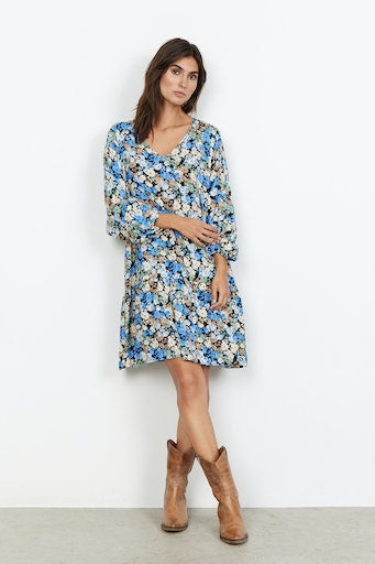 V Neck Floral Dress - Bright Blue