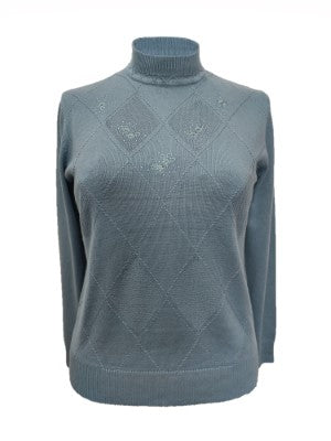 Pattern Collar Turtle Neck Jumper - Bluebell