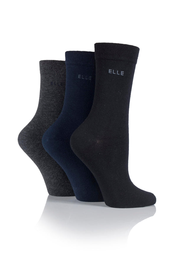 3 Pair Plain Cotton Socks - Black/navy/charcoal