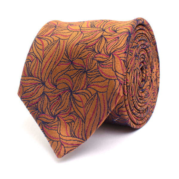 Silk Tie With Fantasy Flower Design - Orange