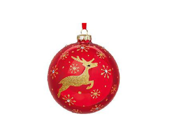 100mm Shiny Red Gold Glitter Reindeer Bauble