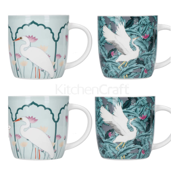 Set of 4 Barrel Mug Set Exotic Crane Design