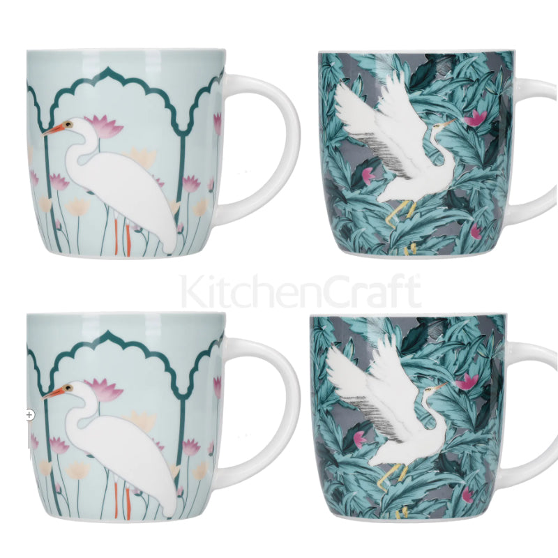 Set of 4 Barrel Mug Set Exotic Crane Design