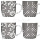 Barrel Mug Set of 4 Grey Floral / Polka Dot