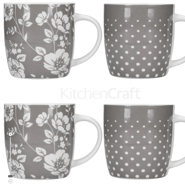 Barrel Mug Set of 4 Grey Floral / Polka Dot