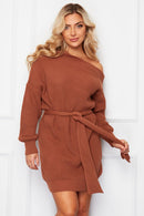 Dana Off Shoulder Jumper Dress - Brown