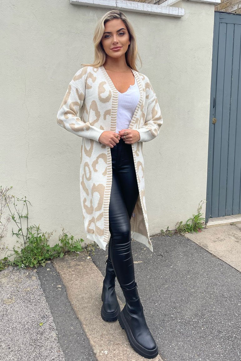 Elvina Animal Print Cardigan - Cream/beige