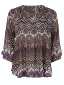 3/4 Sleeve Print V Neck Blouse - Natural