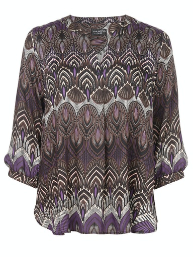 3/4 Sleeve Print V Neck Blouse - Natural