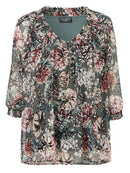 3/4 Sleeve Print V Neck Blouse - Olive
