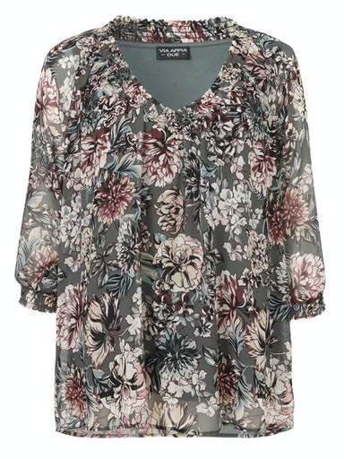 3/4 Sleeve Print V Neck Blouse - Olive
