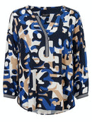 Long Sleeve Print V Neck Blouse - Marine