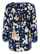 Long Sleeve Print V Neck Blouse - Marine