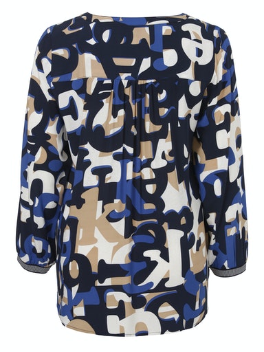 Long Sleeve Print V Neck Blouse - Marine