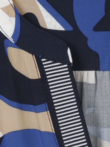 Long Sleeve Print V Neck Blouse - Marine