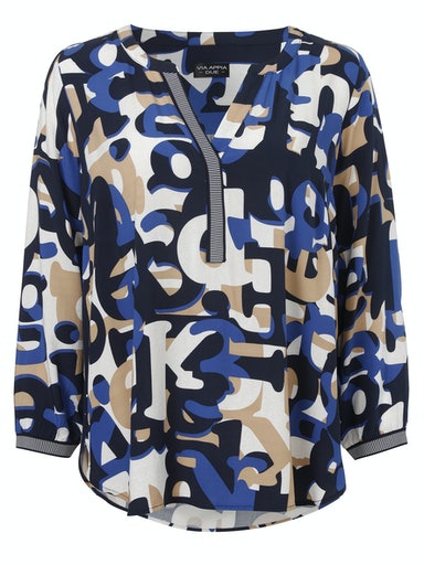 Long Sleeve Print V Neck Blouse - Marine