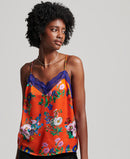 Lace Trim Satin Cami Top - Flame Red