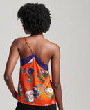 Lace Trim Satin Cami Top - Flame Red