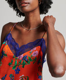 Lace Trim Satin Cami Top - Flame Red