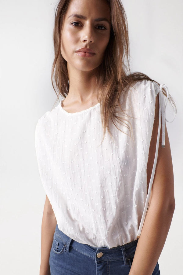 Ruched Detail Textured Top - White