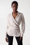 Satin Feel V Neck Blouse- Beige