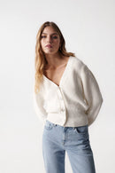 V-Neck Balloon Sleeve Cardigan - Beige