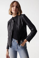 Round Neck Leather Jacket - Black