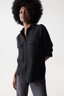 Front Pockets Tencel Shirt - Black