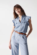 Ruffle Detail Sleeveless Blouse- Blue
