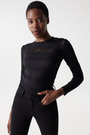 Round Neck Lace Detail Top - Black