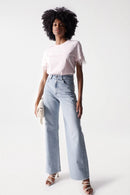 Feather Sleeve Trim T-Shirt - Pink