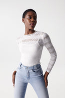 Round Neck Lace Detail Top - Beige