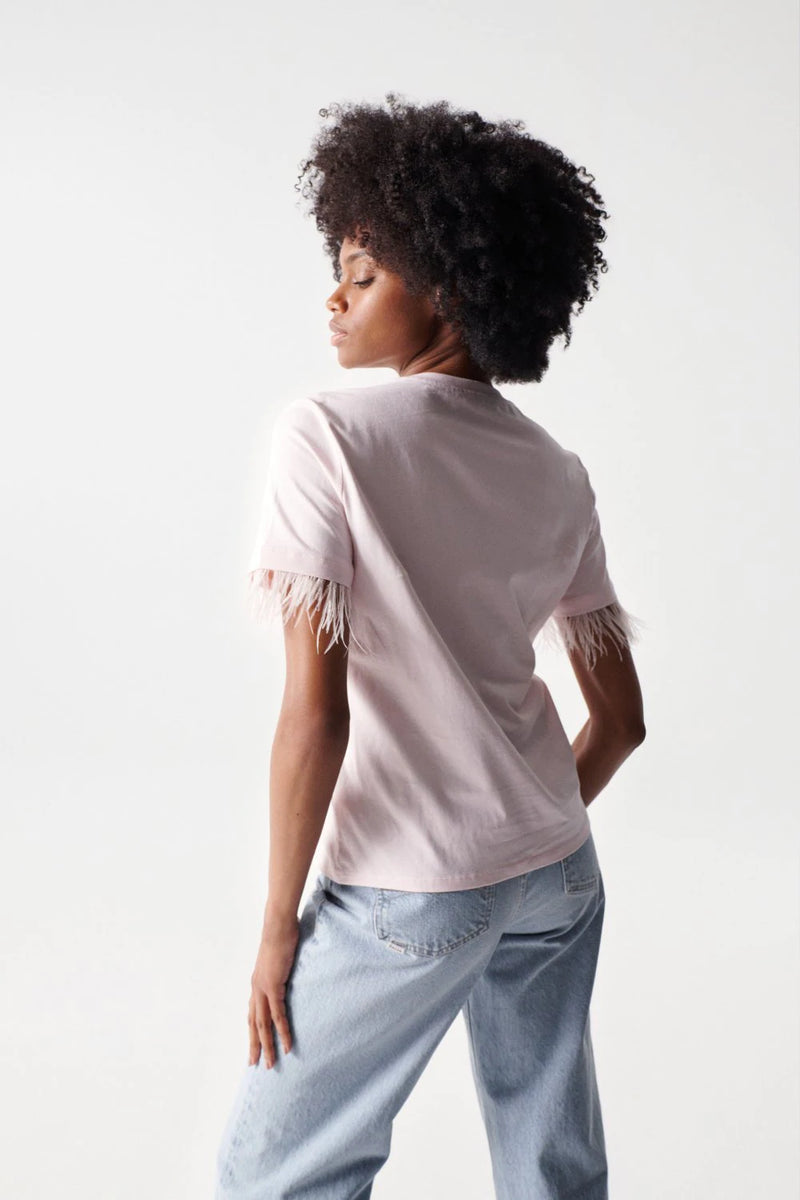 Feather Sleeve Trim T-Shirt - Pink