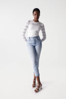 Round Neck Lace Detail Top - Beige